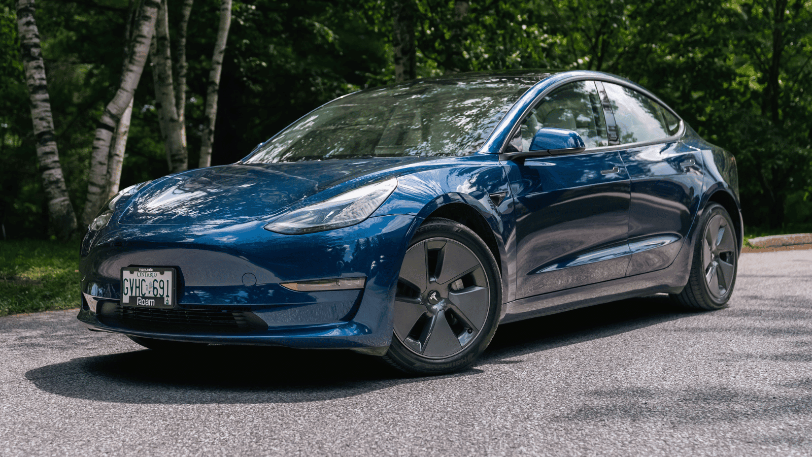 Blue electric sedan representing Roam fleet variety